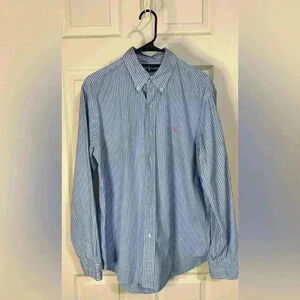 Ralph Lauren Mens Lg button down shirt long sleeve Striped Blue/White- Pink Pony
